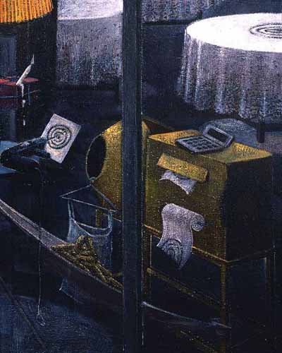 Sechster Mittag/Detail (Kravattenschlucker, Messerwerfer) · Sixth Noon/Detail (The Swallower of Ties and the Thrower of Knieves) - Painting by Michael Kunze