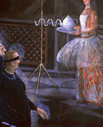 Sechster Mittag/Detail (Kravattenschlucker, Messerwerfer) · Sixth Noon/Detail (The Swallower of Ties and the Thrower of Knieves) - Painting by Michael Kunze