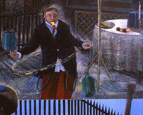 Sechster Mittag/Detail (Kravattenschlucker, Messerwerfer) · Sixth Noon/Detail (The Swallower of Ties and the Thrower of Knieves) - Painting by Michael Kunze