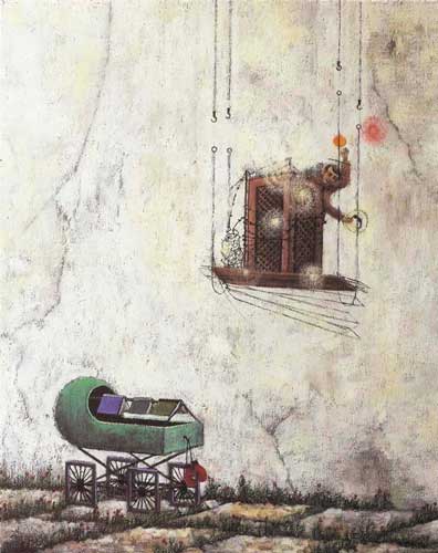 Projektion ersetzt Sprengung durch Händedruck · Projection substitutes the blasting for a handshake - Painting by Michael Kunze